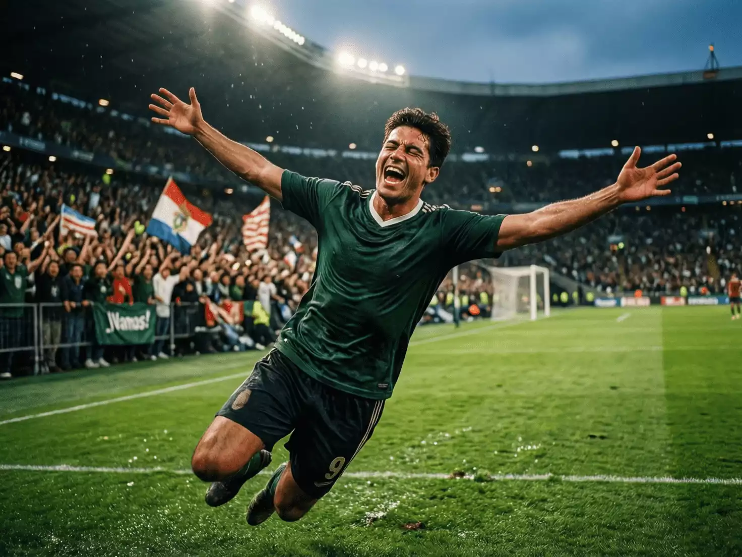 Delantero celebrando un gol con los brazos abiertos en el estadio