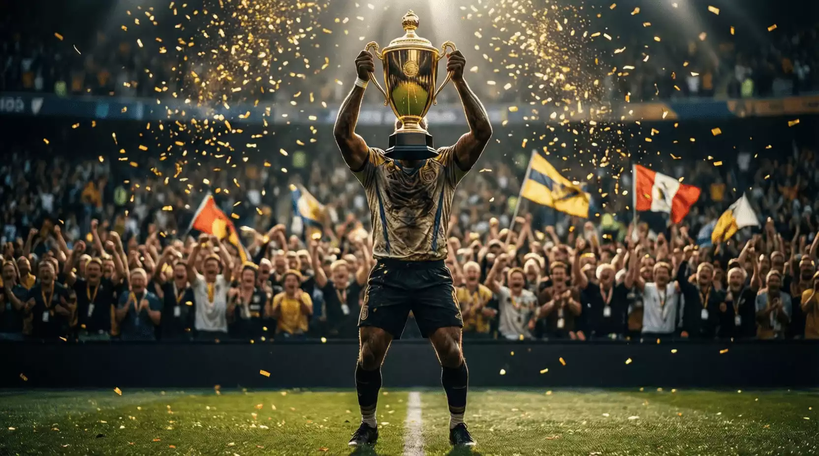 Jugador de fútbol levantando un trofeo dorado en celebración