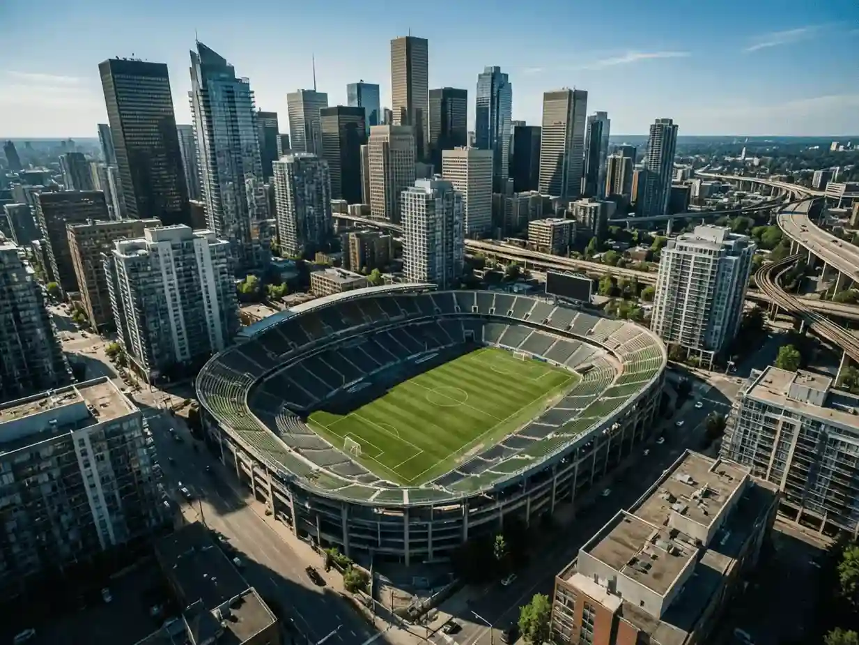 Vista aérea de estadio de fútbol rodeado de ciudad norteamericana