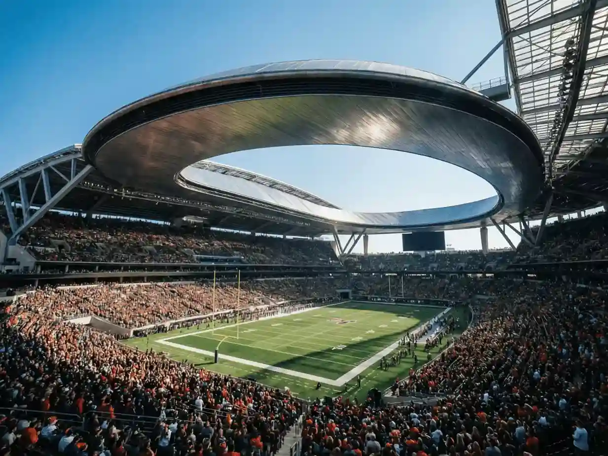 Estadio moderno de fútbol americano con techo retráctil bajo cielo azul