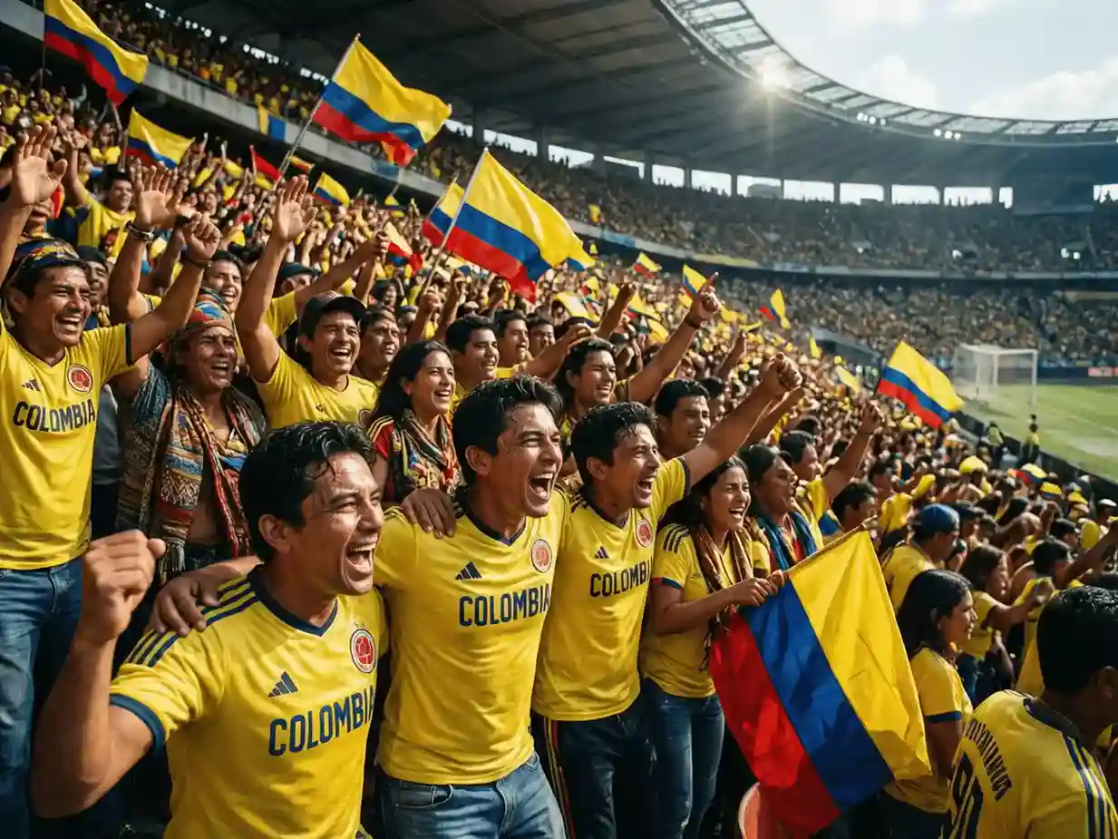 Aficionados colombianos con camisetas amarillas celebrando apasionadamente en las gradas
