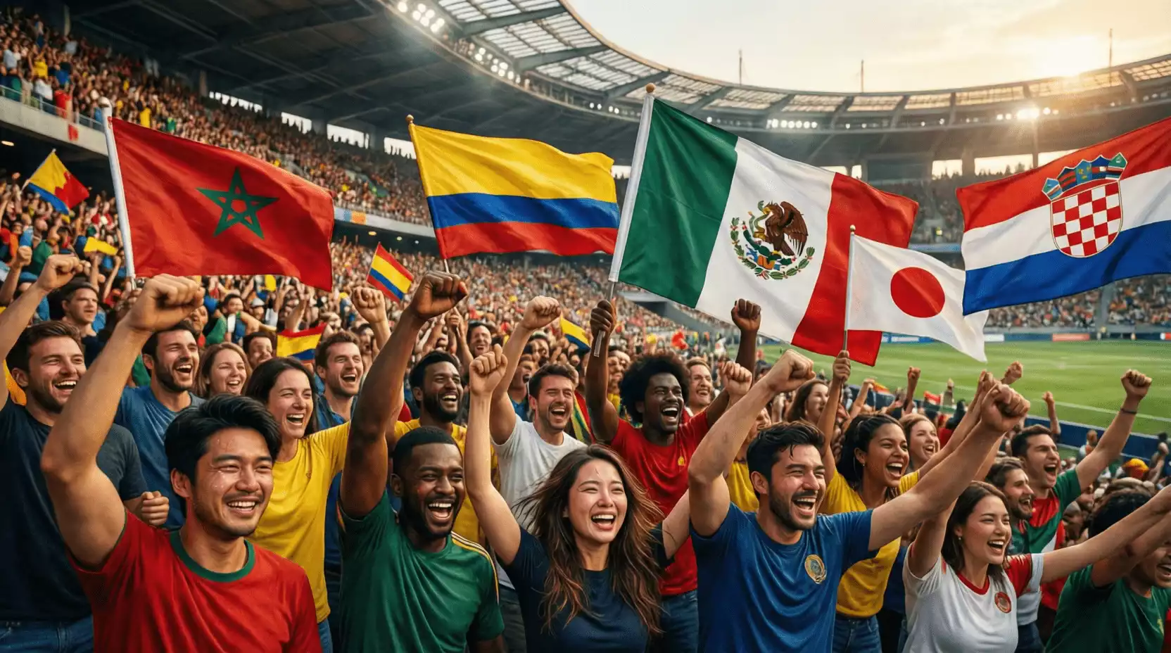 Aficionados de diversas selecciones menores celebrando con banderas en un estadio de fútbol