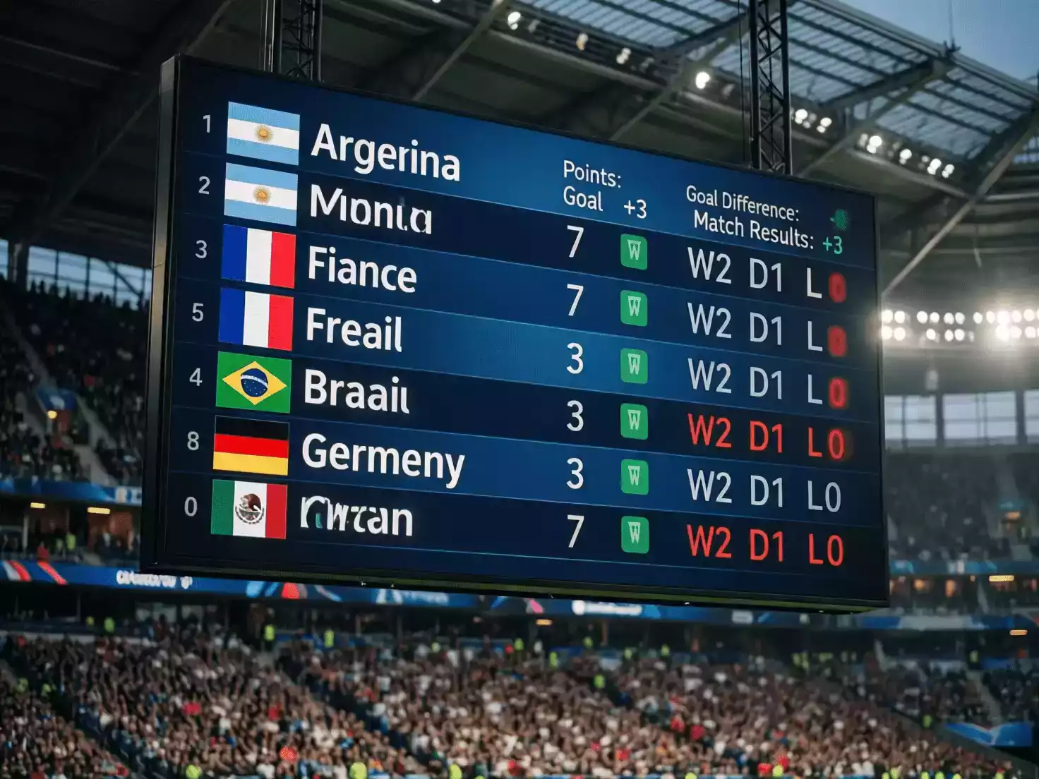 Pantalla gigante de estadio mostrando la tabla de clasificación de un grupo del Mundial