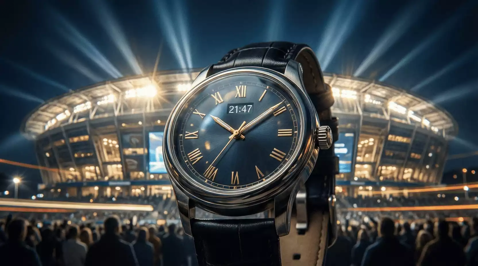 Reloj junto a un estadio de fútbol iluminado de noche simbolizando el momento perfecto para apostar