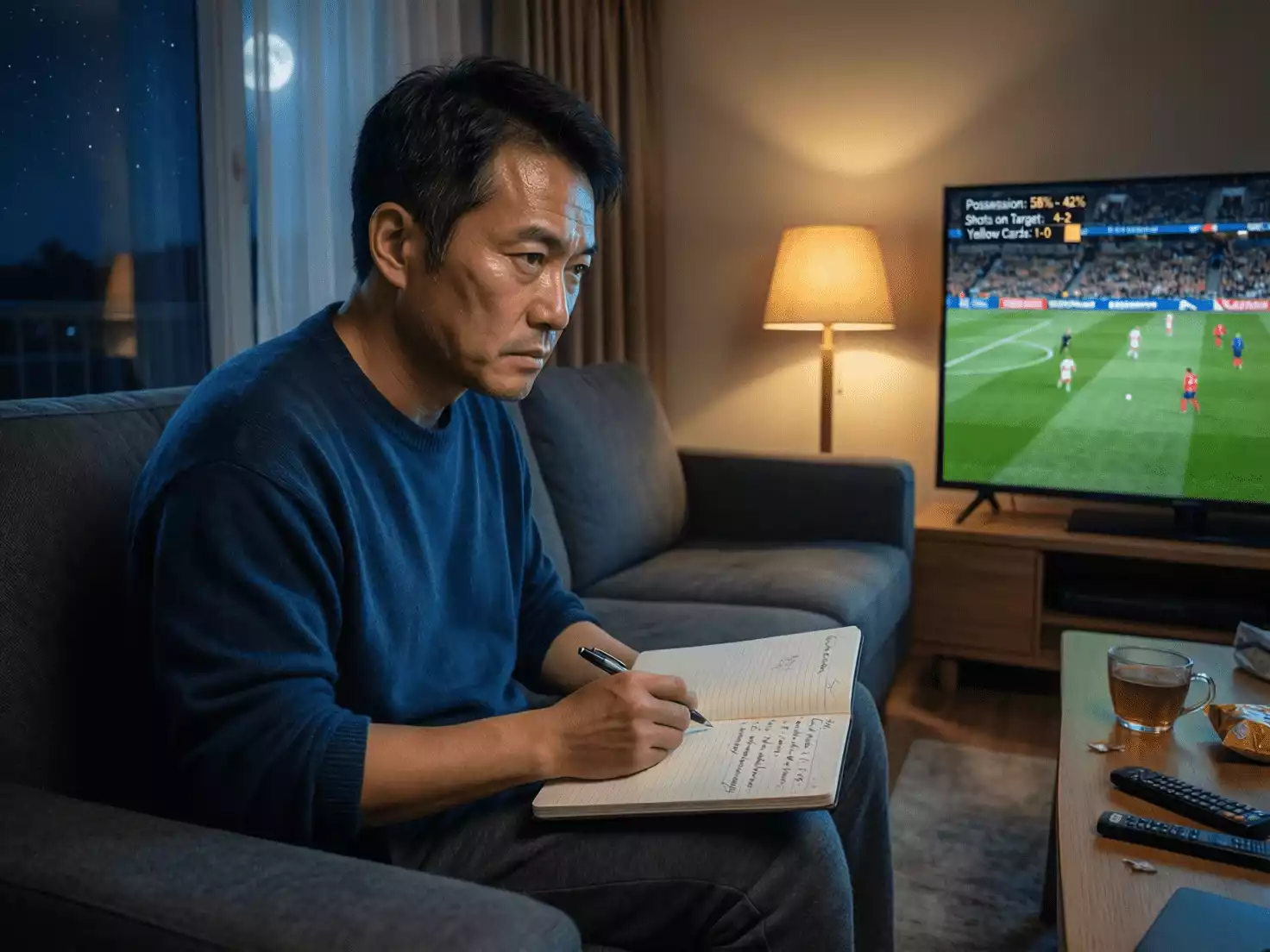 Persona concentrada tomando notas mientras analiza un partido de fútbol en televisión