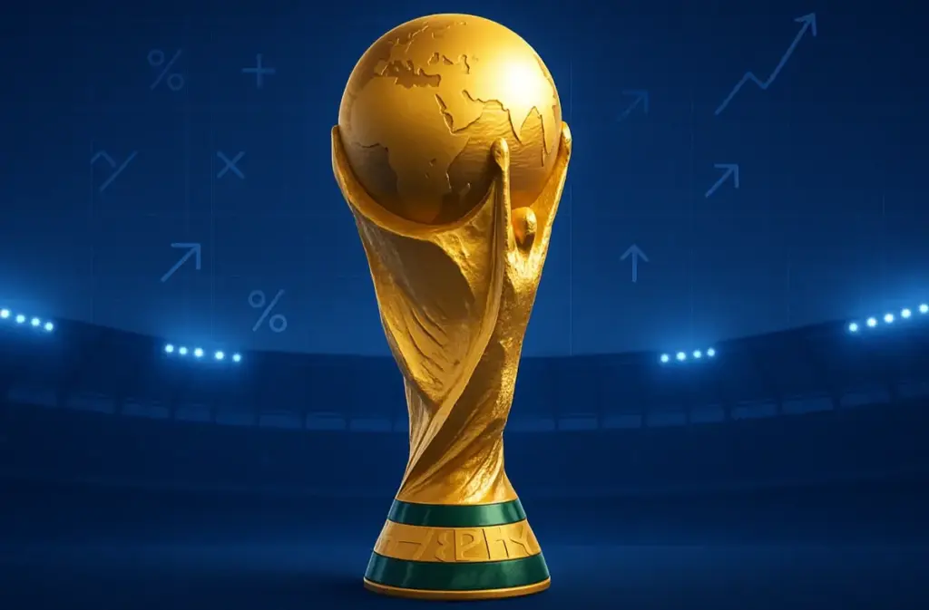 Concepto de value betting en el Mundial 2026 con estadio de fútbol, trofeo y gráficos matemáticos